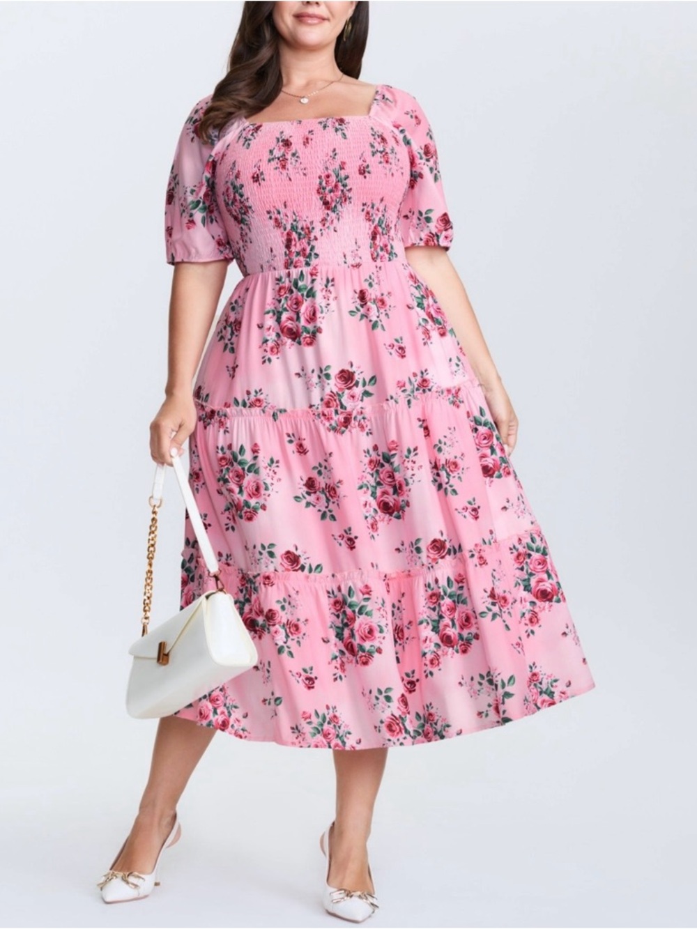 Pink Floral Smocked Midi Dress - Women